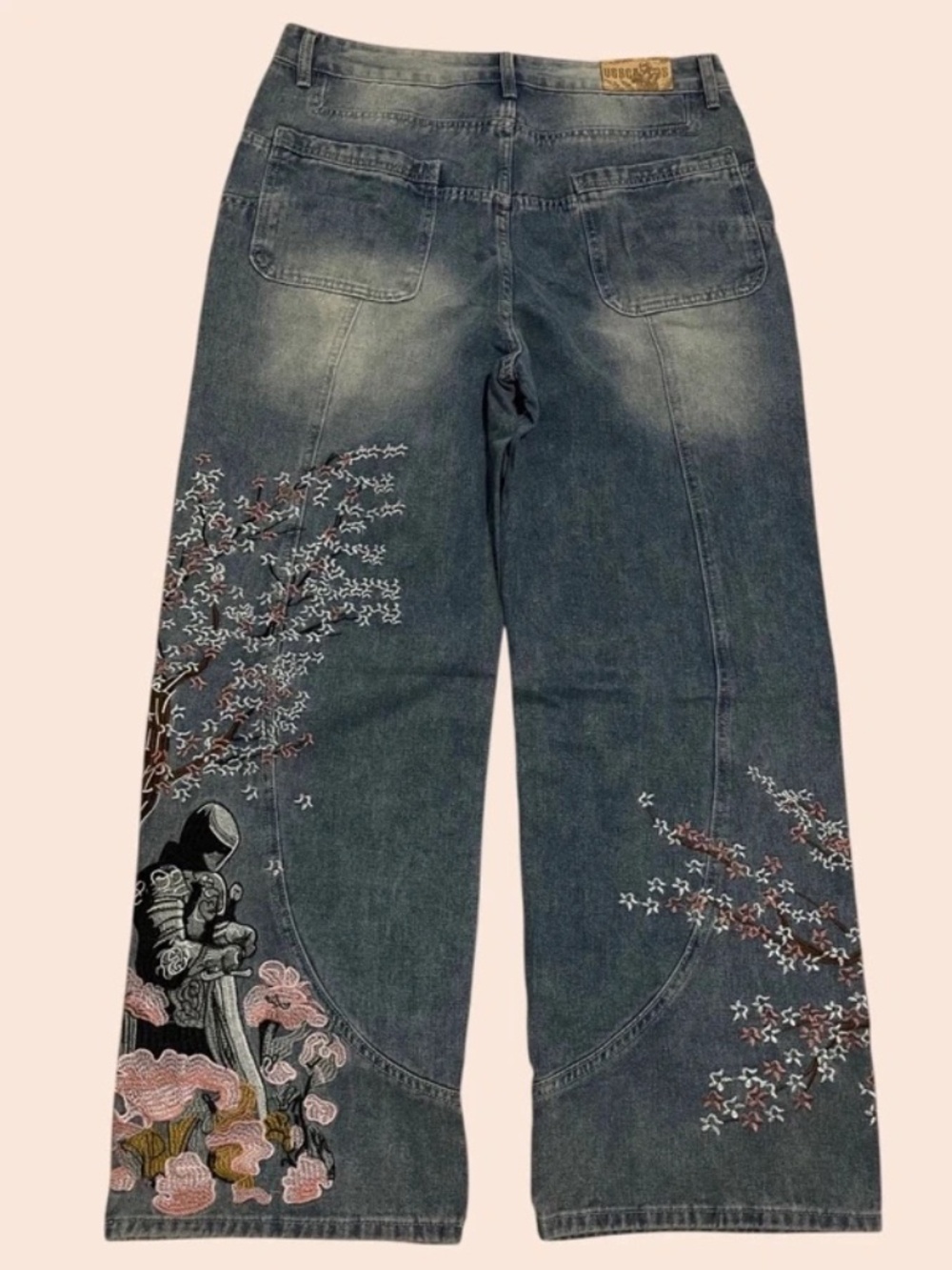 Y2K Cherry Blossom Samurai Embroidered Baggy Wide Leg Jeans